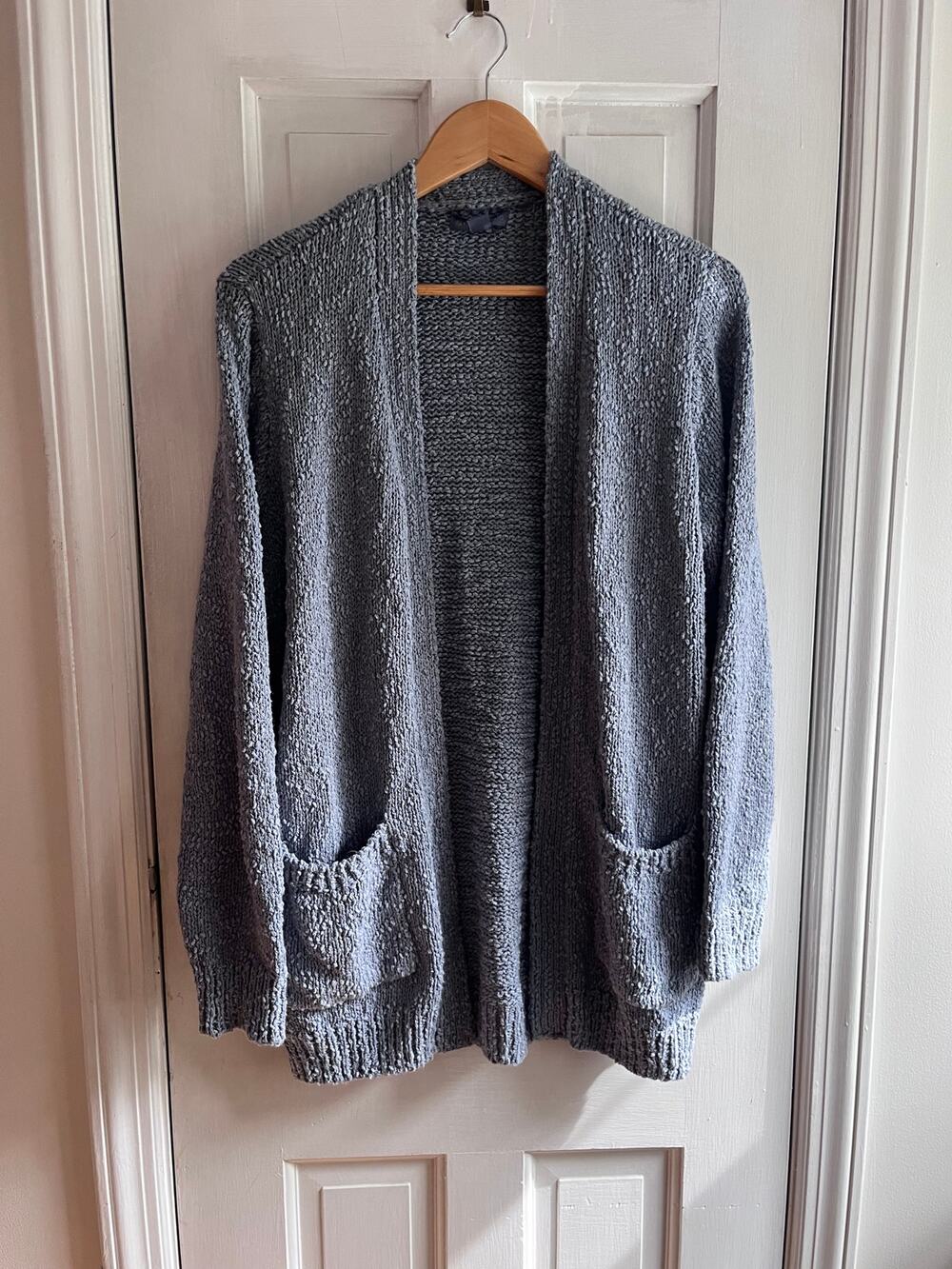 Barefoot Dreams Chenille Shawl Cardigan Blue Gray Open Front Pocket Duster M